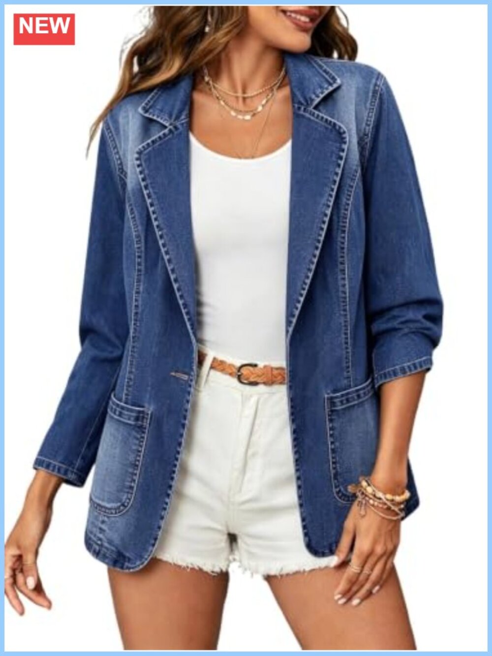 Denim Cotton Notched Lapel Blazer One Button Long Sleeve Slim Jean Jacket